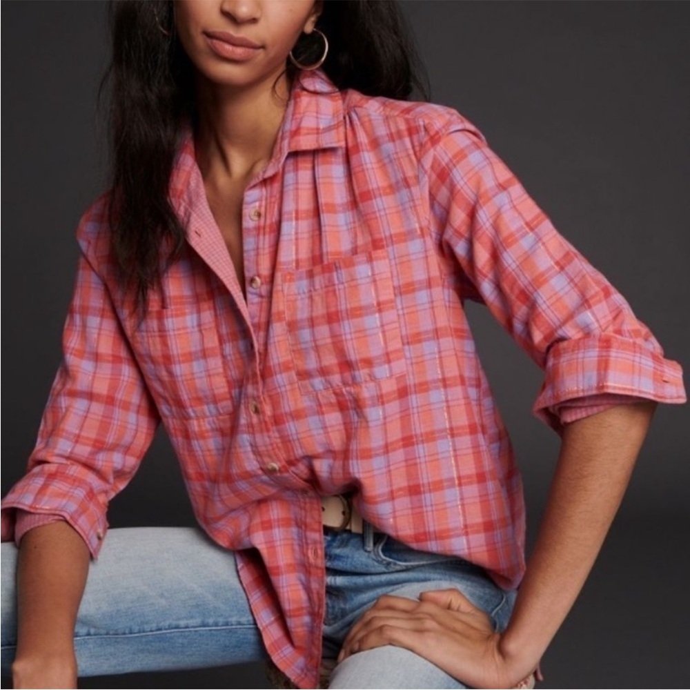Anthropologie See Worn Kept Romy Plaid Button Down Top Pink Metallic Classic 6